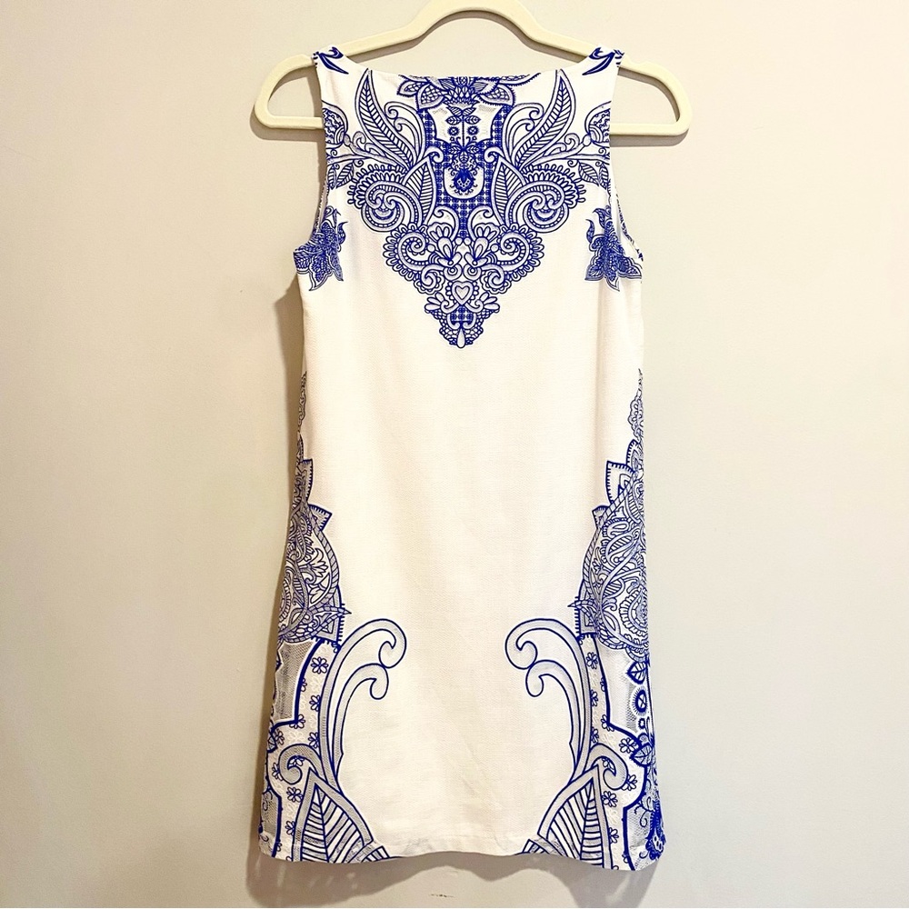 Promod French boutique white summer shift dress with blue embroidery - Picture 4 of 8